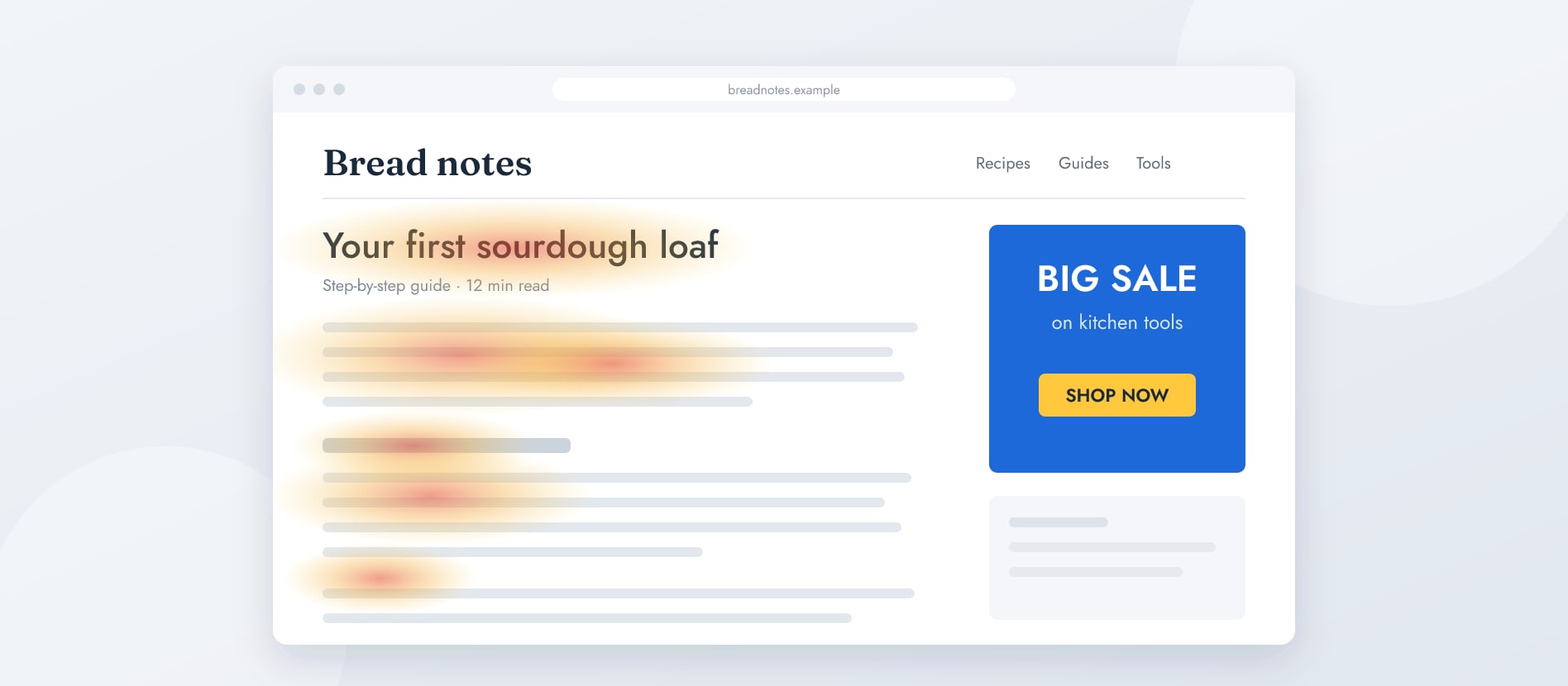 A baking site in a browser: warm reading marks cover the headline and the first paragraphs, while a bright banner in the side column has none.
